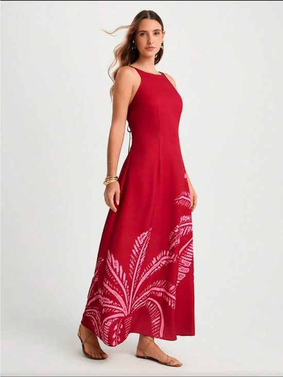 Dresses & Skirts - Red Sleeveless Maxi Dress with Pink Palm Print